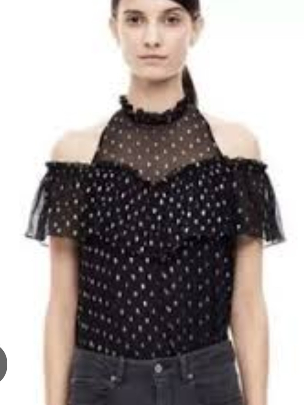 Rebecca Taylor Black Sheer Polka Dot Cold-Shoulder Blouse